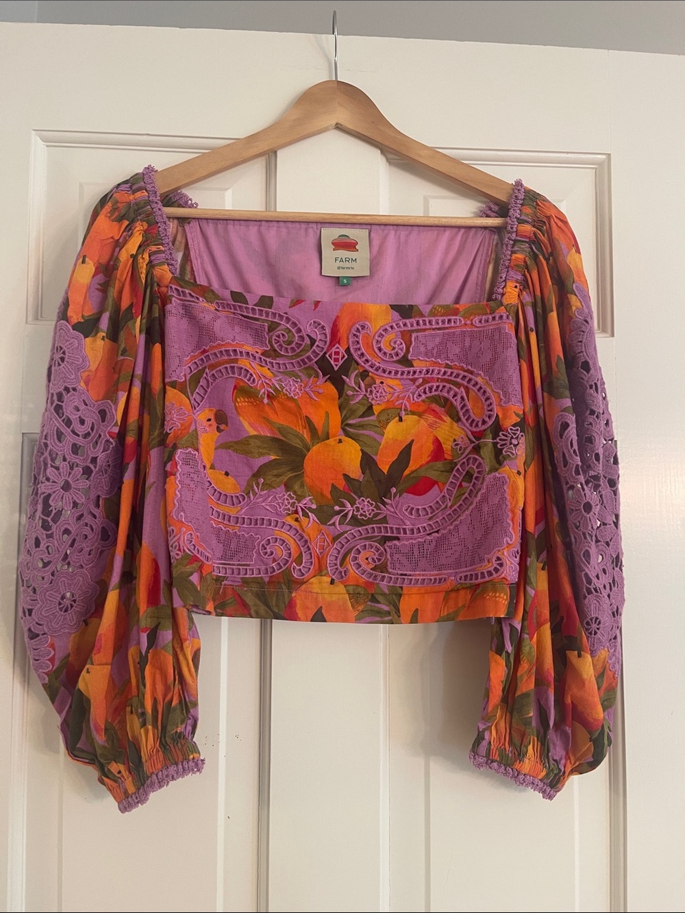 Farm Rio Bird Peach Embroidered Top
